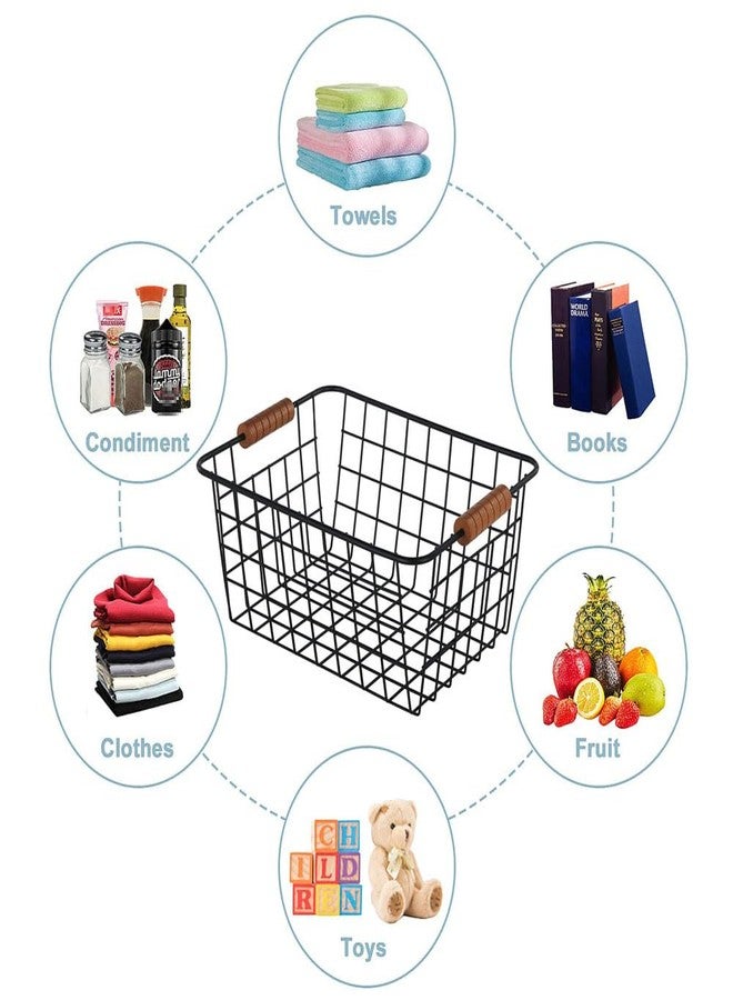 JUNCHU CHERRY Wire Kitchen Storage Basket 4 Packs,Perfect Pantry Organization Accessories Baskets,Laundry Basket,With a Wooden handle,Suitable for Kitchen,Bathroom,Bedroom,Tabletop,Stackable,Black - Image 2