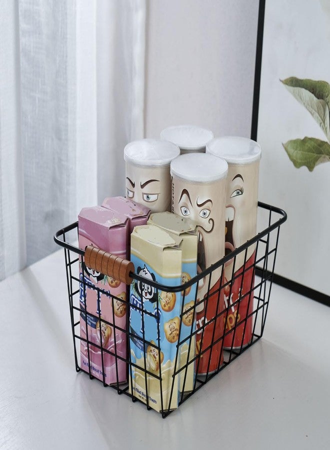JUNCHU CHERRY Wire Kitchen Storage Basket 4 Packs,Perfect Pantry Organization Accessories Baskets,Laundry Basket,With a Wooden handle,Suitable for Kitchen,Bathroom,Bedroom,Tabletop,Stackable,Black - Image 4