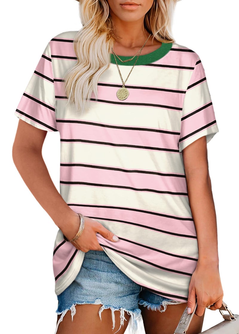 Jescakoo Spring Outfits for Women 2026 Summer Tops Beach Vacation Clothing Short Short Sleeve Shirts Easter Casual Blouses Lake Green Stripes L - Image 2