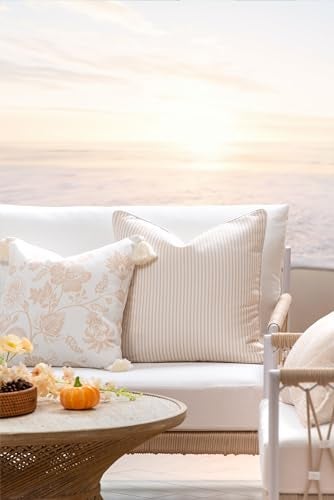 Hofdeco Premium Fall Coastal Patio Indoor Outdoor Pillow Cover Only 20x20 Water Repellent for Backyard Couch Neutral Tan Stripe - Image 3