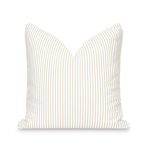 Hofdeco Premium Fall Coastal Patio Indoor Outdoor Pillow Cover Only 20x20 Water Repellent for Backyard Couch Neutral Tan Stripe - Image 1