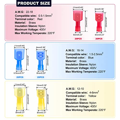 Twidec/100PCS Nylon Spade Connectors Kit 22-10 Gauge Male and Female Wire Spade Terminal Quick Disconnect Fully Insulated Wire Crimp Connector for Automotive Marine - Image 2