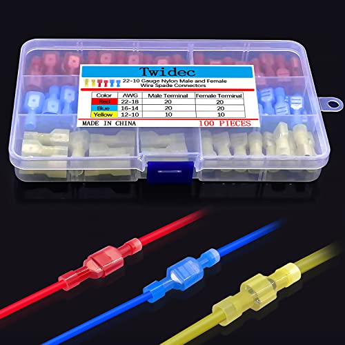 Twidec/100PCS Nylon Spade Connectors Kit 22-10 Gauge Male and Female Wire Spade Terminal Quick Disconnect Fully Insulated Wire Crimp Connector for Automotive Marine - Image 3
