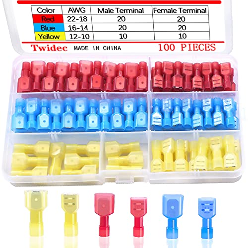 Twidec/100PCS Nylon Spade Connectors Kit 22-10 Gauge Male and Female Wire Spade Terminal Quick Disconnect Fully Insulated Wire Crimp Connector for Automotive Marine - Image 1