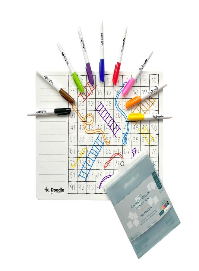 HeyDoodle 100 Squares Classic Doodle Mat – Reusable Silicone Math Activity for Toddlers and Kids – Educational Number Chart with 9 Dry Erase Markers – Mess-Free Learning Toy – Ages 3-7 - Image 1