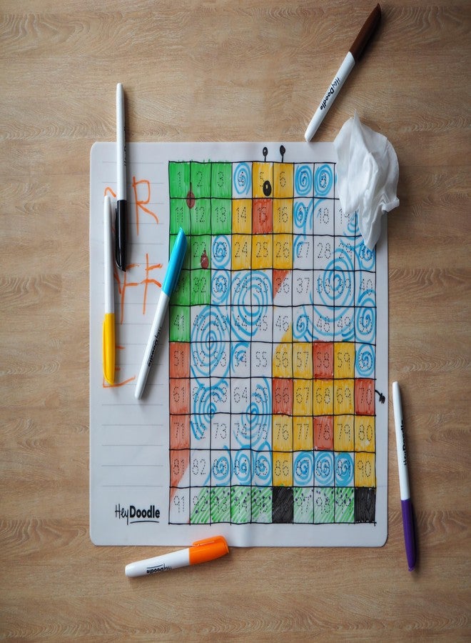 HeyDoodle 100 Squares Classic Doodle Mat – Reusable Silicone Math Activity for Toddlers and Kids – Educational Number Chart with 9 Dry Erase Markers – Mess-Free Learning Toy – Ages 3-7 - Image 5