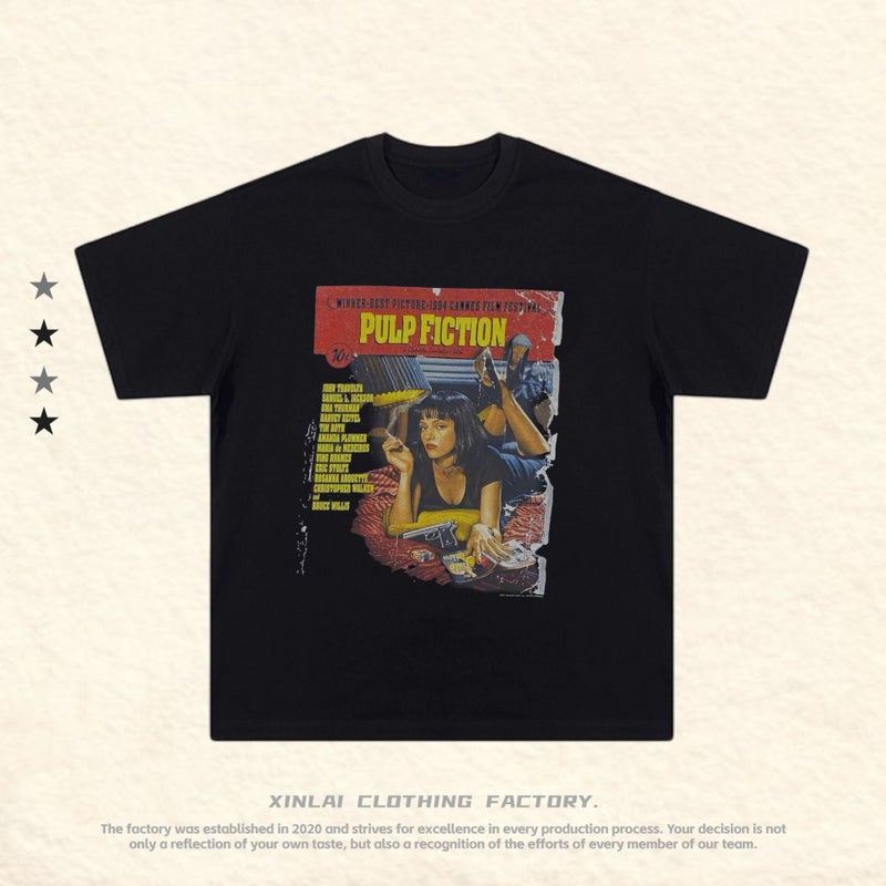 Pulp Fiction Quentin European and American Movies Pulp Fiction Cover vintage Men's and Women's Short-sleeved T-shirts Trendy - Image 2