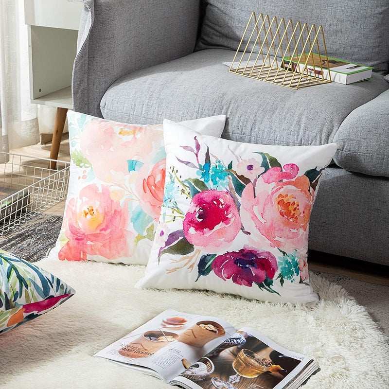 Luckam Throw Pillow Covers, Set of 4 Peonies Summer Watercolor Floral Throw Pillow Covers Decorative Pillow Cases for Sofa Couch Living Room Outdoor (45 * 45 cm) - Image 4