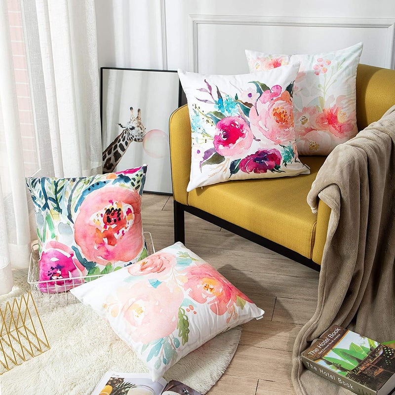 Luckam Throw Pillow Covers, Set of 4 Peonies Summer Watercolor Floral Throw Pillow Covers Decorative Pillow Cases for Sofa Couch Living Room Outdoor (45 * 45 cm) - Image 2