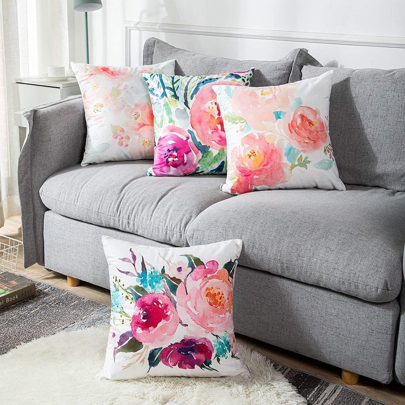 Luckam Throw Pillow Covers, Set of 4 Peonies Summer Watercolor Floral Throw Pillow Covers Decorative Pillow Cases for Sofa Couch Living Room Outdoor (45 * 45 cm) - Image 5