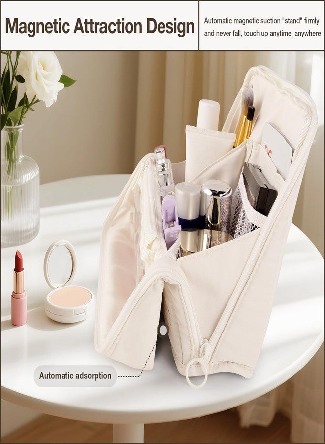 Abiudeng Standing Makeup Bag Portable Waterproof Toiletry Bag Large Capacity Travel Make up Bag, White, Fashion - Image 3