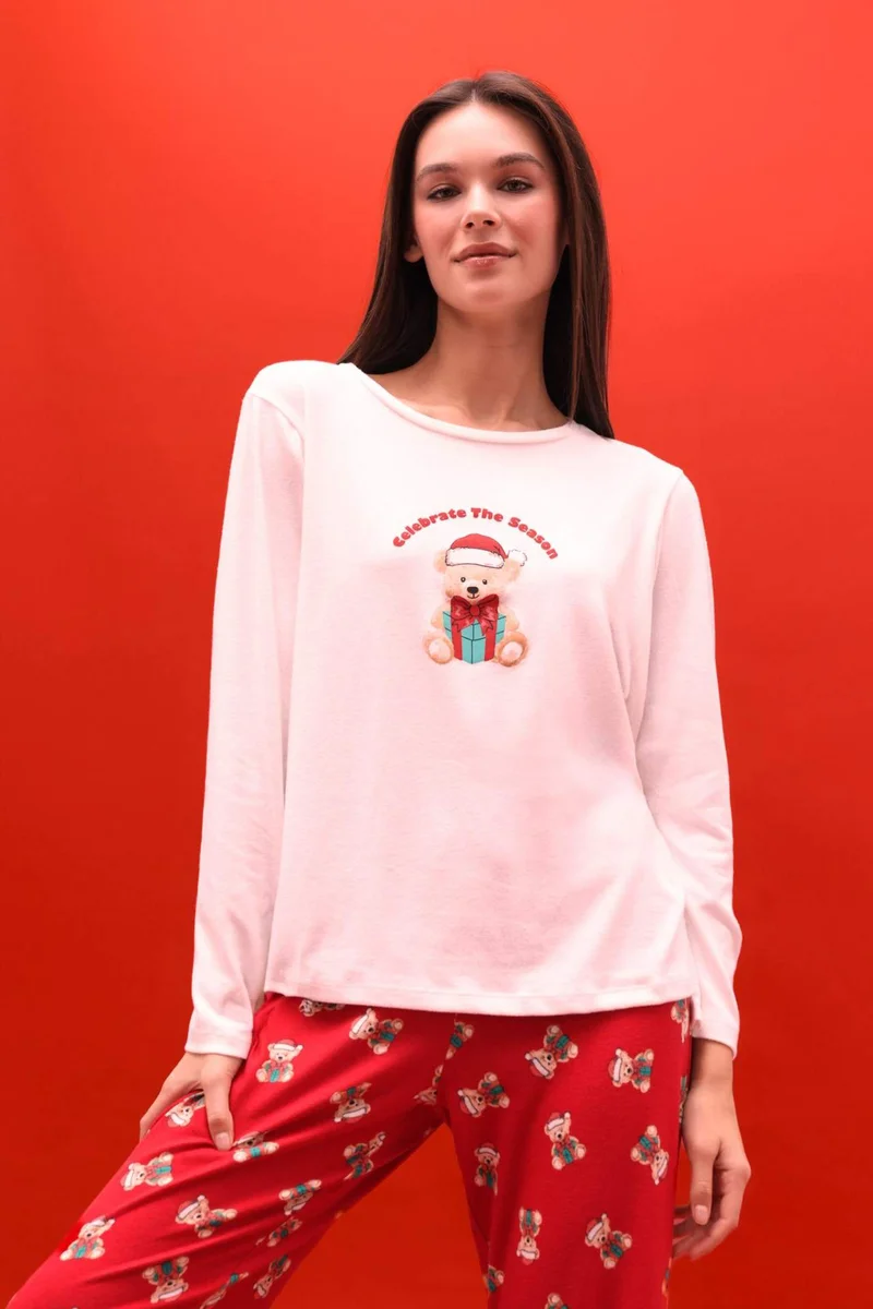 DeFacto Christmas Themed Regular Fit Long Sleeve Top Bottom 2 Piece Set