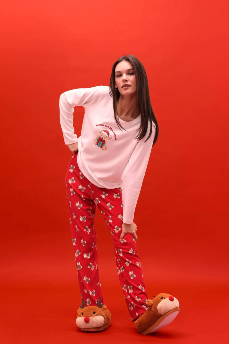 DeFacto Christmas Themed Regular Fit Long Sleeve Top Bottom 2 Piece Set
