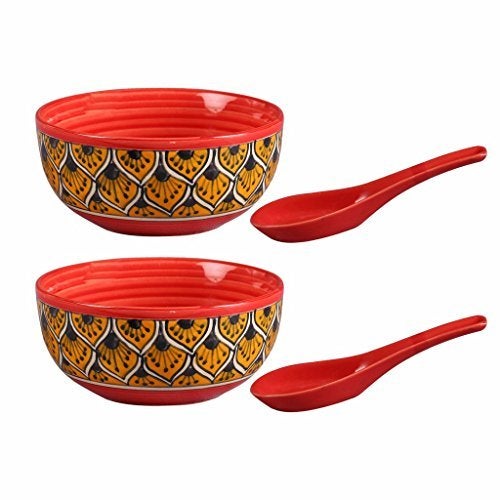 Caffeine Ceramic Handmade Orange Morocco Soup Bowl with Spoon (Set of 2) - Image 2