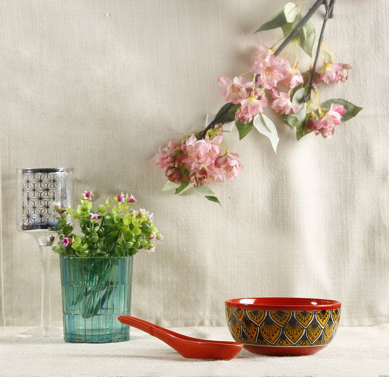 Caffeine Ceramic Handmade Orange Morocco Soup Bowl with Spoon (Set of 2) - Image 1