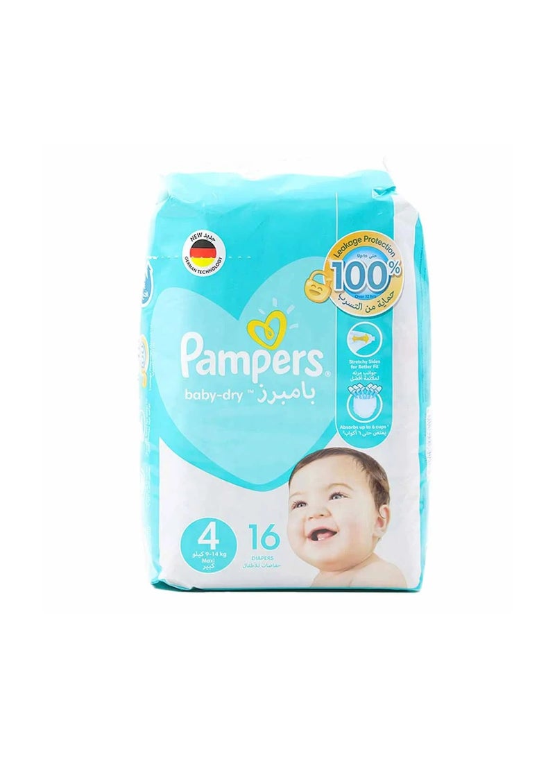 Baby Dry Diapers, Size 4, 9-14Kg, Up To 100% Leakage Protection Over 12 Hours And Bigger, Wider Sides For Comfort, 16 Baby Diapers