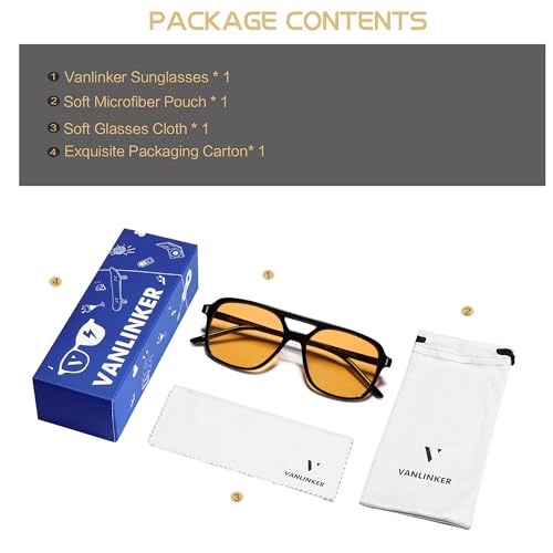 VANLINKER Retro Vintage 70s Square Aviator sunglasses for women men Yellow Orange Tinted Lens - Image 5