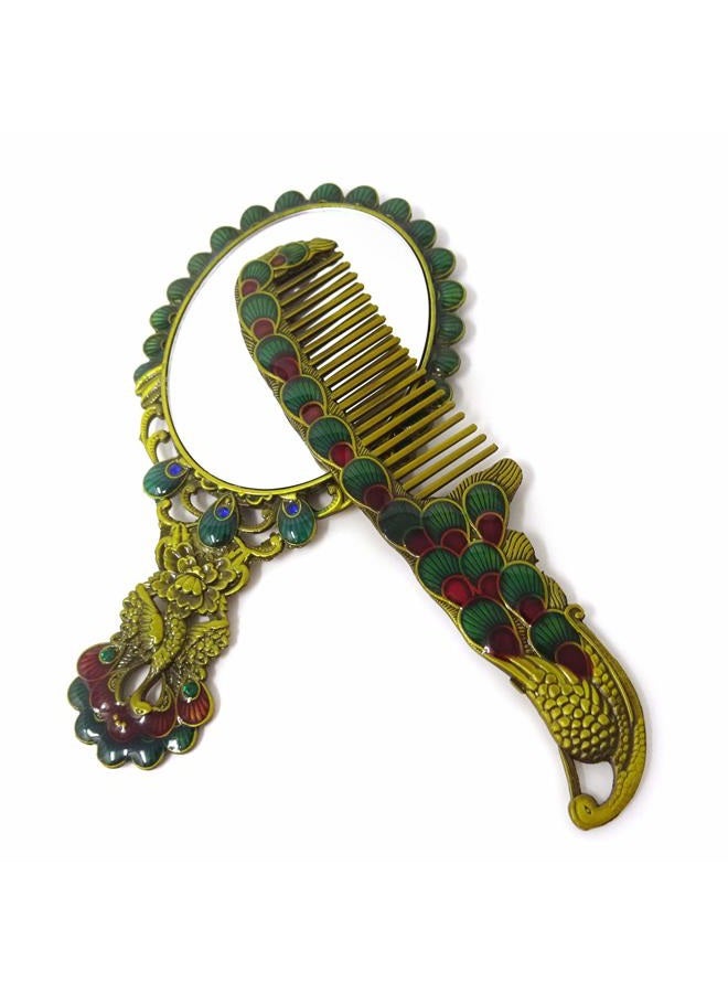 Yueton مرآة مكياج Oval يدوية الطراز الروسي 5 إنش بتصميم ذيل الطاووس العتيق برونزي - Image 1