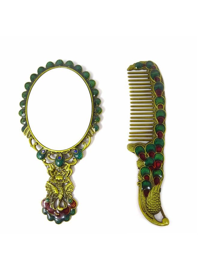 Yueton مرآة مكياج Oval يدوية الطراز الروسي 5 إنش بتصميم ذيل الطاووس العتيق برونزي - Image 2