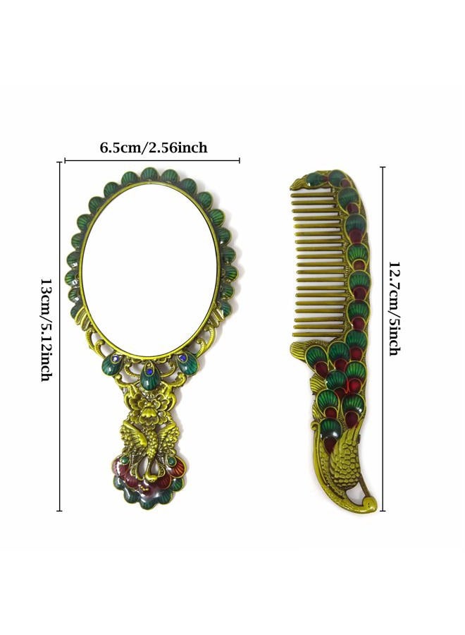 Yueton مرآة مكياج Oval يدوية الطراز الروسي 5 إنش بتصميم ذيل الطاووس العتيق برونزي - Image 4
