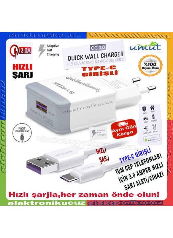 Syrox - Huawei P10 Lite Compatible Type-C Input Fast Charger Set Adapter + Cable Q32 3.0A White - Image 1