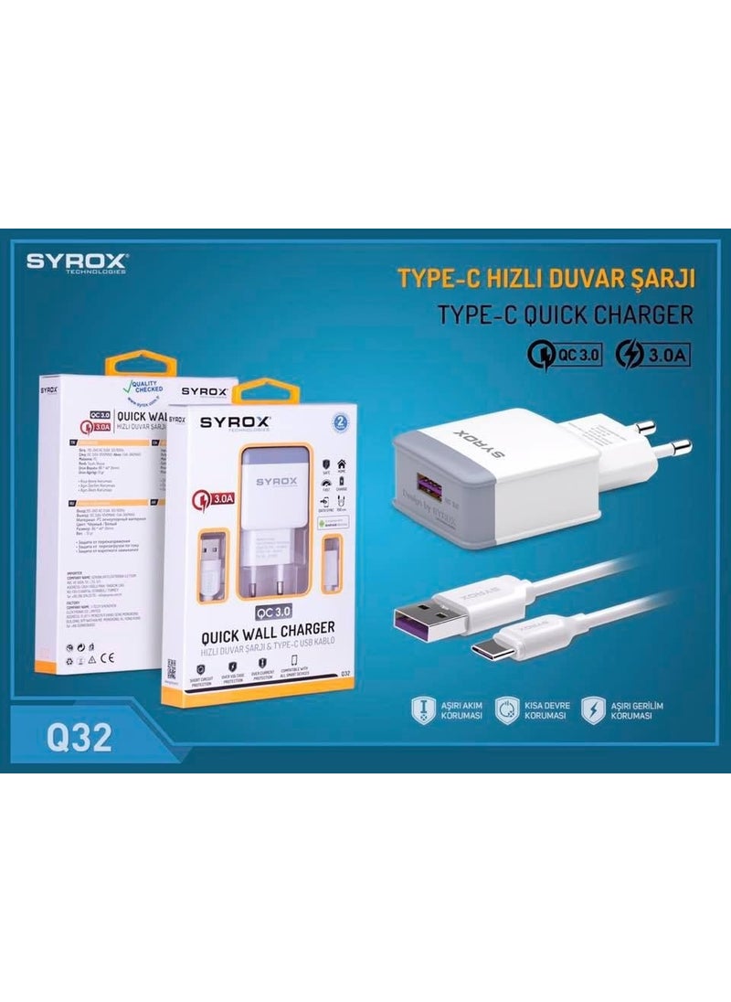 Syrox - Huawei P10 Lite Compatible Type-C Input Fast Charger Set Adapter + Cable Q32 3.0A White - Image 1