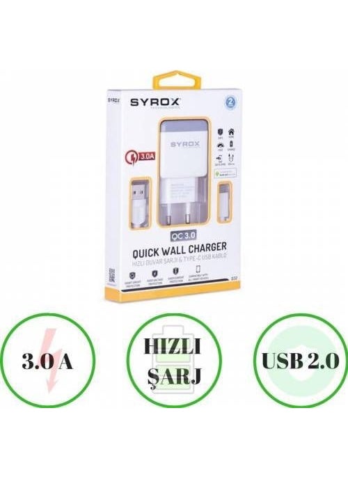 Syrox - Huawei P10 Lite Compatible Type-C Input Fast Charger Set Adapter + Cable Q32 3.0A White - Image 1