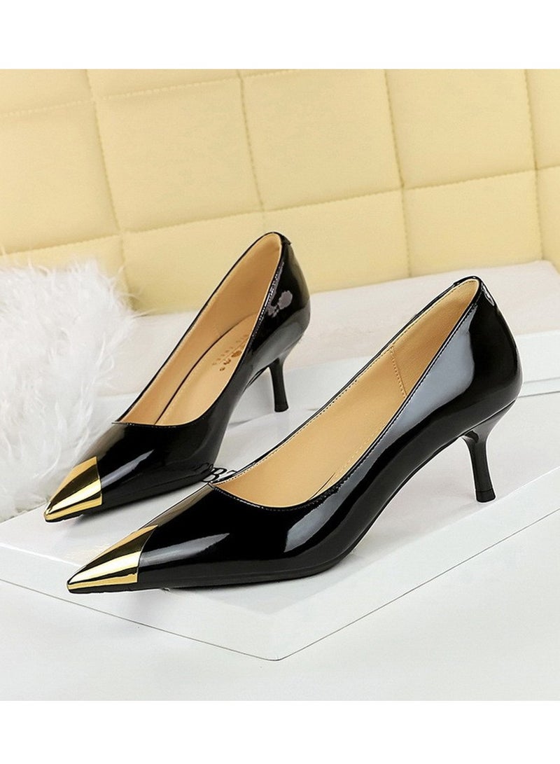 بيج تري المرأة أنيقة معدنية مغلقة أشارت إصبع القدم كعب عالية مضخات الحزب الأسود 5CM