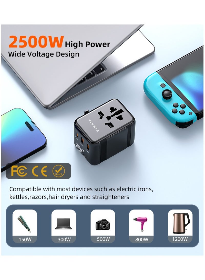 TIKNIA - Universal International Power Travel Plug Adapter, 4 in 1 European Travel Plug Adaptor 2xUSB-A and 1xUSB C Fast Wall Charger and Worldwide AC Outlet for Europe USA UK AUS Asia (Black) - Image 1
