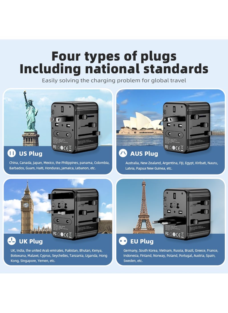 TIKNIA - Universal International Power Travel Plug Adapter, 4 in 1 European Travel Plug Adaptor 2xUSB-A and 1xUSB C Fast Wall Charger and Worldwide AC Outlet for Europe USA UK AUS Asia (Black) - Image 1