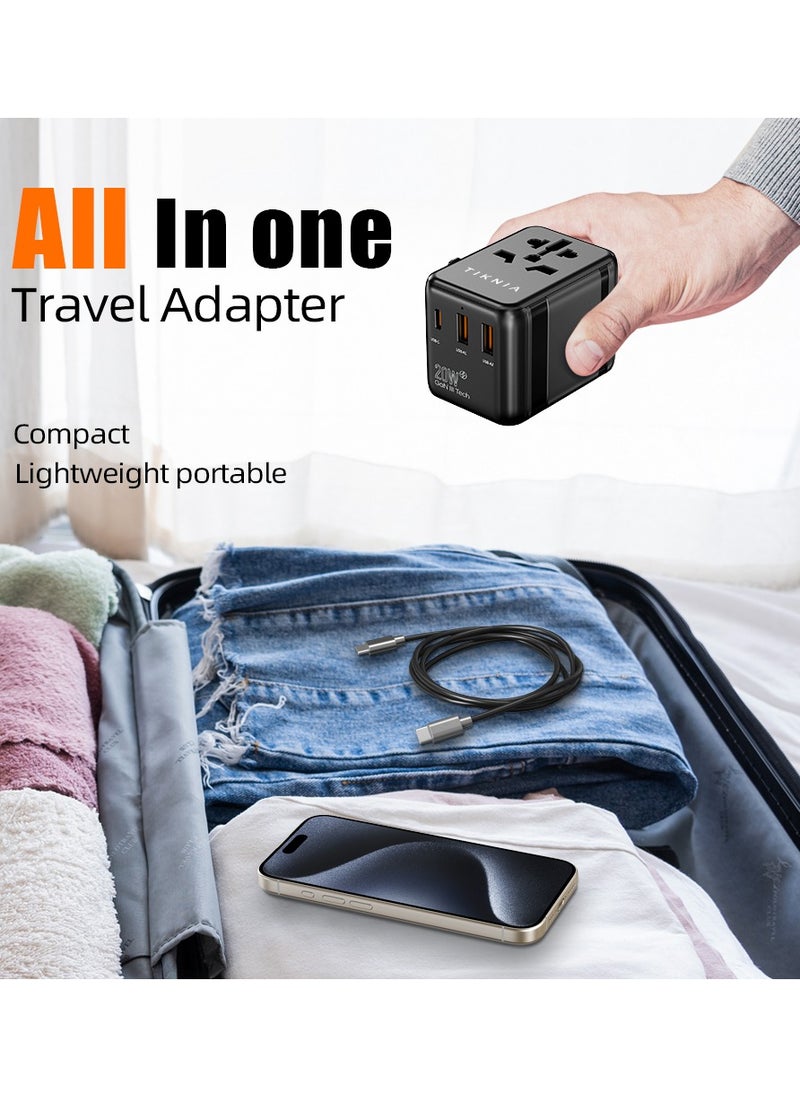 TIKNIA - Universal International Power Travel Plug Adapter, 4 in 1 European Travel Plug Adaptor 2xUSB-A and 1xUSB C Fast Wall Charger and Worldwide AC Outlet for Europe USA UK AUS Asia (Black) - Image 1