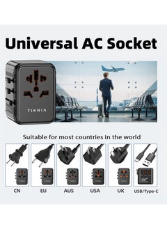TIKNIA Universal International Power Travel Plug Adapter, 4 in 1 European Travel Plug Adaptor 2xUSB-A and 1xUSB C Fast Wall Charger and Worldwide AC Outlet for Europe USA UK AUS Asia (Black)  - Image 4