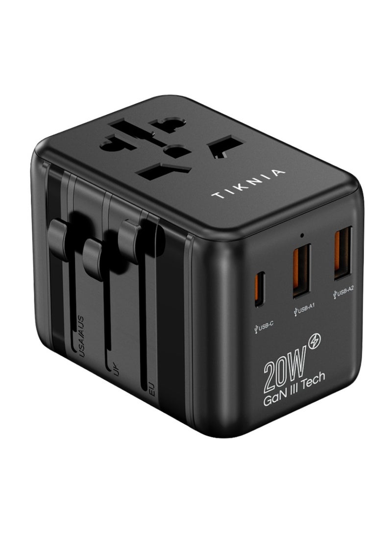 TIKNIA - Universal International Power Travel Plug Adapter, 4 in 1 European Travel Plug Adaptor 2xUSB-A and 1xUSB C Fast Wall Charger and Worldwide AC Outlet for Europe USA UK AUS Asia (Black) - Image 1