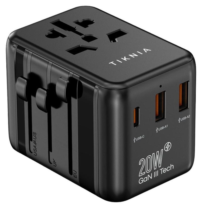TIKNIA Universal International Power Travel Plug Adapter, 4 in 1 European Travel Plug Adaptor 2xUSB-A and 1xUSB C Fast Wall Charger and Worldwide AC Outlet for Europe USA UK AUS Asia (Black) - Image 1