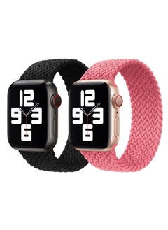 Braided Solo Loop Band Strap for Apple Watch Series 42/44/45mm Black Strap with Pink Punch Strap(set of 2)