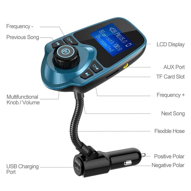Nulaxy Bluetooth Car FM Transmitter Audio Adapter Receiver Wireless Handsfree Voltmeter Car Kit TF Card AUX 1.44 Display â€“ KM18 Peacock Blue - Image 4