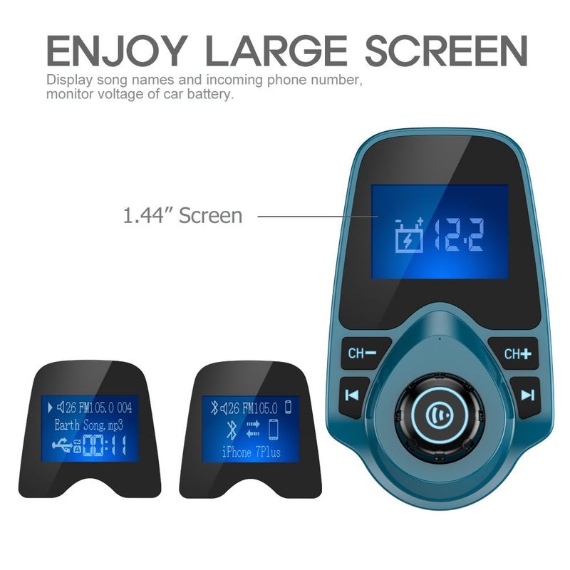 Nulaxy Bluetooth Car FM Transmitter Audio Adapter Receiver Wireless Handsfree Voltmeter Car Kit TF Card AUX 1.44 Display â€“ KM18 Peacock Blue - Image 3