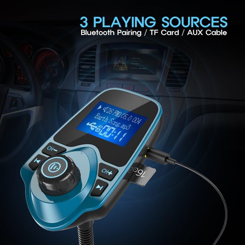 Nulaxy Bluetooth Car FM Transmitter Audio Adapter Receiver Wireless Handsfree Voltmeter Car Kit TF Card AUX 1.44 Display â€“ KM18 Peacock Blue - Image 5