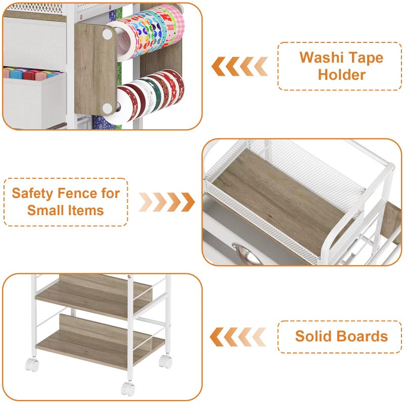 Rsaayekkt Rolling Craft Storage Cart with 2 Small Fabric Drawers & Lockable Wheels, DIY Organizer for Wrapping Paper, Paints, Brushes, Craft Supplies, Multi-Tier Craft Cart Tape Holder, 16.54x11.4x32.68 Inches - Image 4