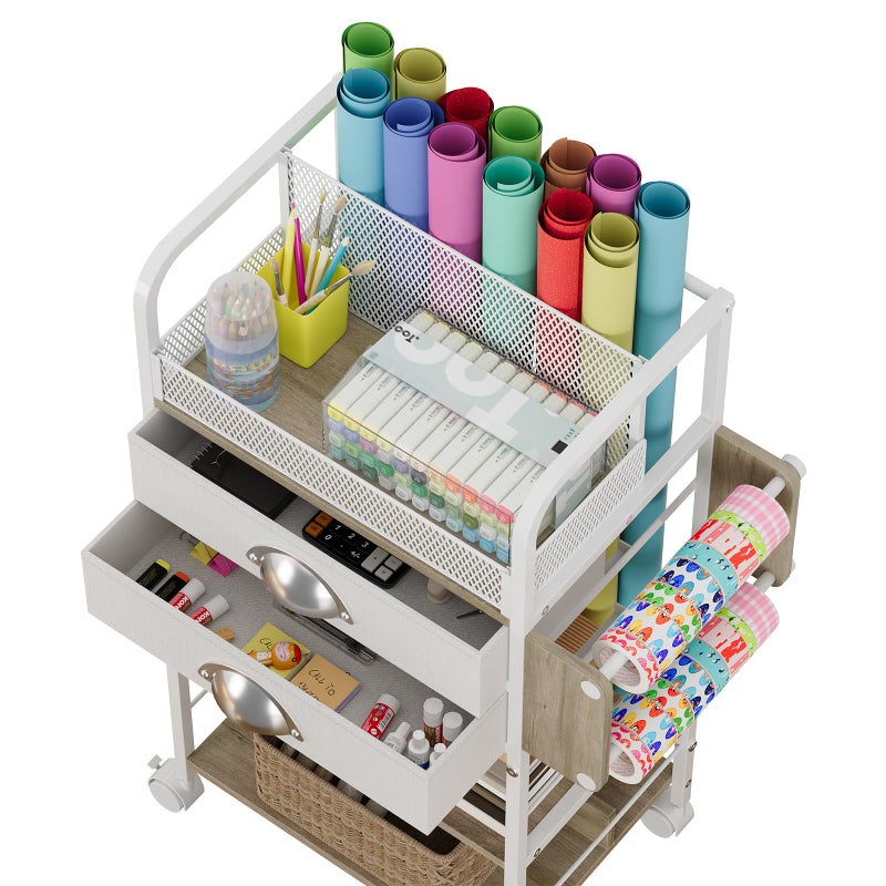 Rsaayekkt Rolling Craft Storage Cart with 2 Small Fabric Drawers & Lockable Wheels, DIY Organizer for Wrapping Paper, Paints, Brushes, Craft Supplies, Multi-Tier Craft Cart Tape Holder, 16.54x11.4x32.68 Inches - Image 2