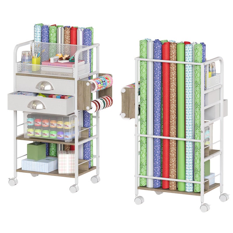 Rsaayekkt Rolling Craft Storage Cart with 2 Small Fabric Drawers & Lockable Wheels, DIY Organizer for Wrapping Paper, Paints, Brushes, Craft Supplies, Multi-Tier Craft Cart Tape Holder, 16.54x11.4x32.68 Inches - Image 1