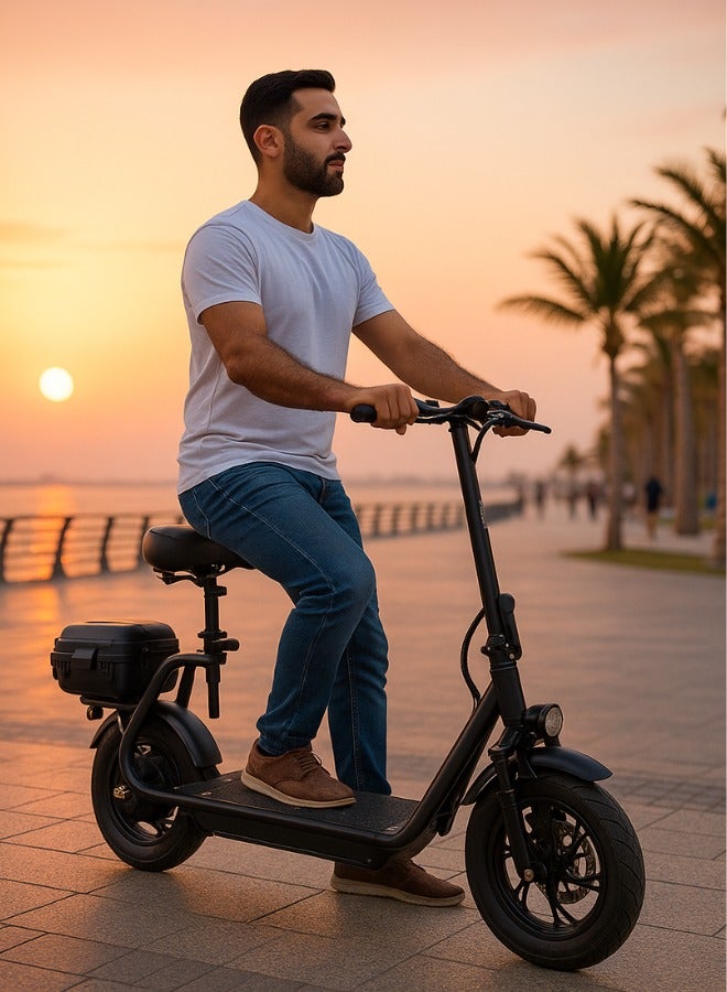 NIYAZI Electric Scooter with Extra Seat and Storage Box | Electric Scooter for Adults | Electric Scooter with Two Seats | Foldable Electric Scooter | 48V Voltage | 500W Motor | Front and Rear Lights | Shock Absorption Suspension | Storage Box | Extra Seat for Passenger | Weight Capacity 120 KG | 12-Inch Tires - Image 3