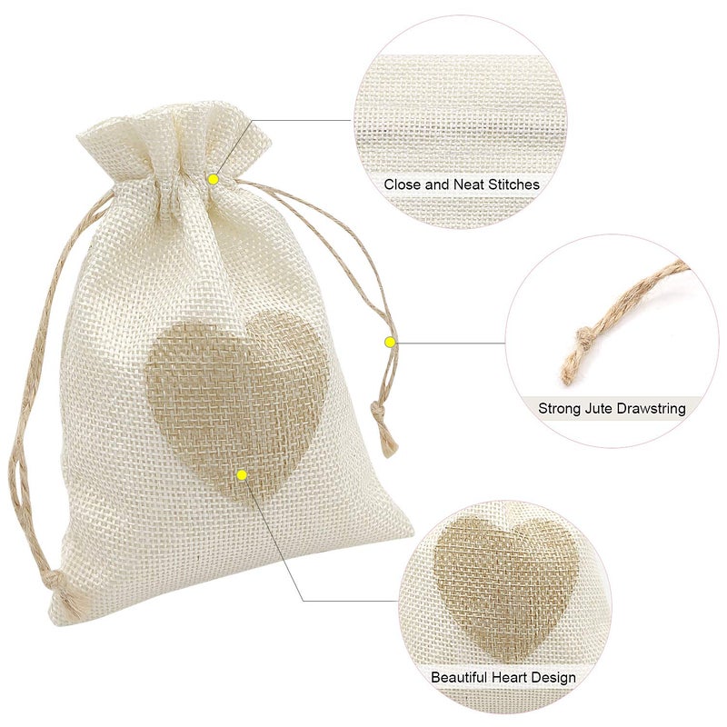 SumDirect Heart Burlap Bags with Drawstring - 36Pcs 4x6 Inch Beige Small Linen Gift Pouch for Weddingï¼ŒBaby shower Favor Gift Bags - Image 3