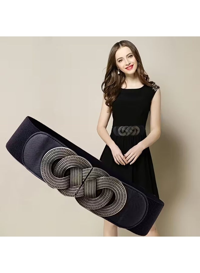 Goolsky 1pc Women's Bohemian Elastic Stretch Waist Belt - Geometric Buckle Decorative Accessory with Golden-Tone Patterns, Dark Blue Textured Design for Parties & Festivals, Middle Eastern-Inspired Fashion Belt, Stylish Waist Cincher | Bohemian Style Belt | Middle Eastern Fashion, Waist Jewelry - Image 1