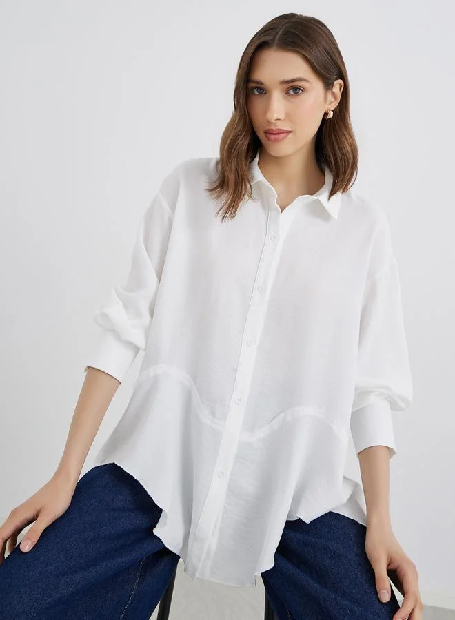 Take Two Take Two Women White Solid Long Sleeve Oversized Shirt with Asymmetric Hem