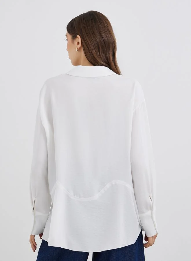 Take Two Take Two Women White Solid Long Sleeve Oversized Shirt with Asymmetric Hem