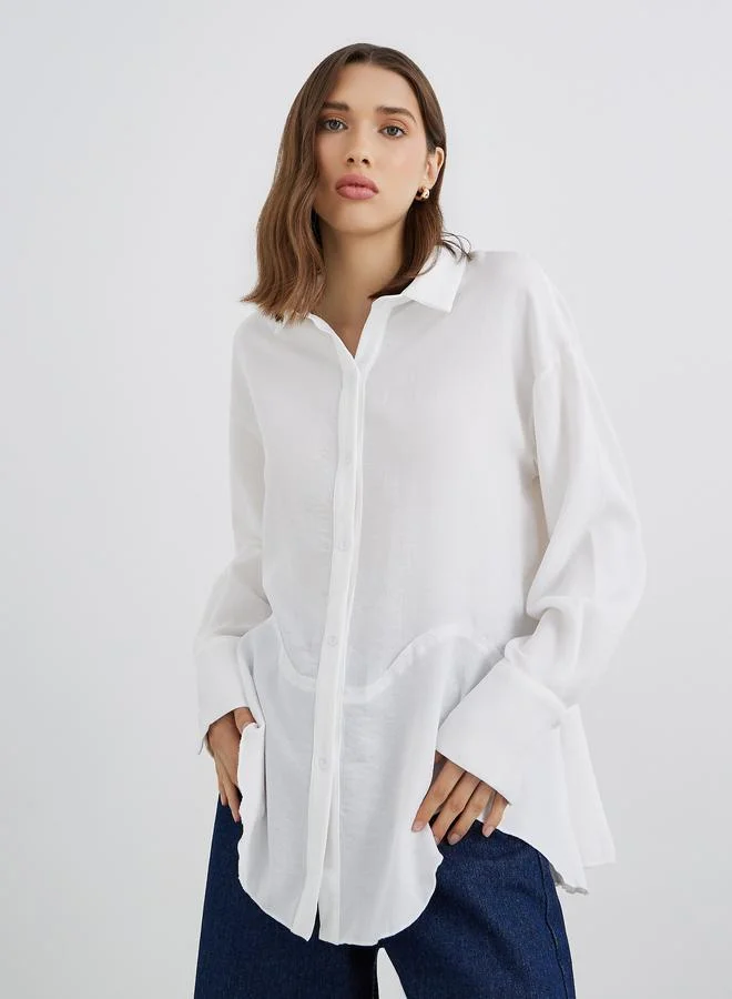 تايك تو قميص نسائي أبيض سادة بأكمام طويلة فضفاض بحافة غير متماثلة