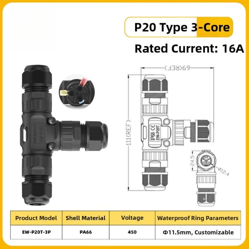 P20T Waterproof Quick Screw Three Way Card Connector 3 Core 9 12mm For Outdoor Electrical And Solar Panel Wiring - Image 3