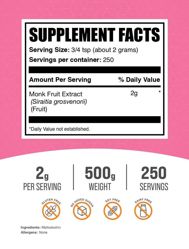 BulkSupplements.com Monk Fruit Extract Powder - Luo Han Guo Extract, Monk Fruit Without Erythritol - 250 Servings, Gluten Free, 2g per Serving, 500g (1.1 lbs) (Pack of 1) - Image 2