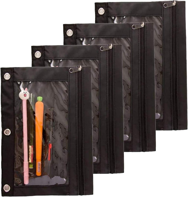 SdeFe Store Pencil Pouch for 3 Ring Binder, Zippered Pen Pencil Case Binder Pouch with Clear Window 4 Pack (Black) - Image 1